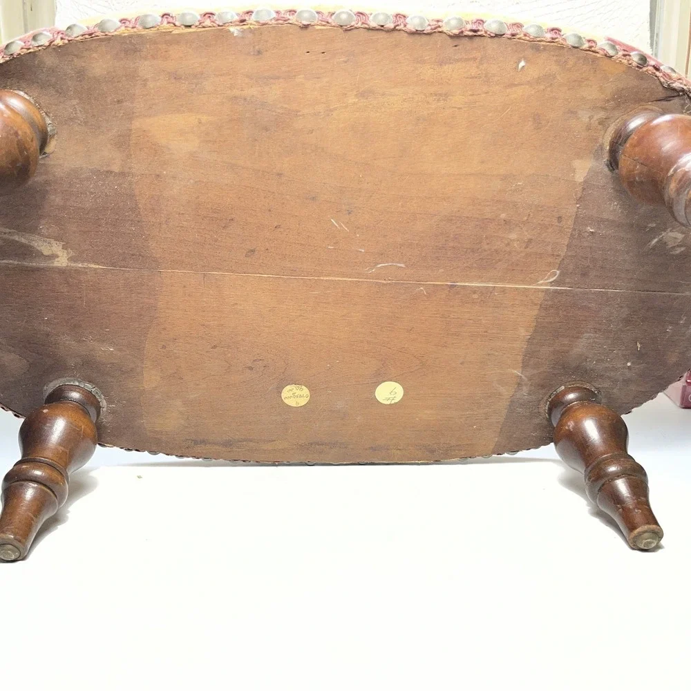 Vtg Mid-Century Victorian Burgundy Velvet Footstool Wood Legs Brass Trim Nail
